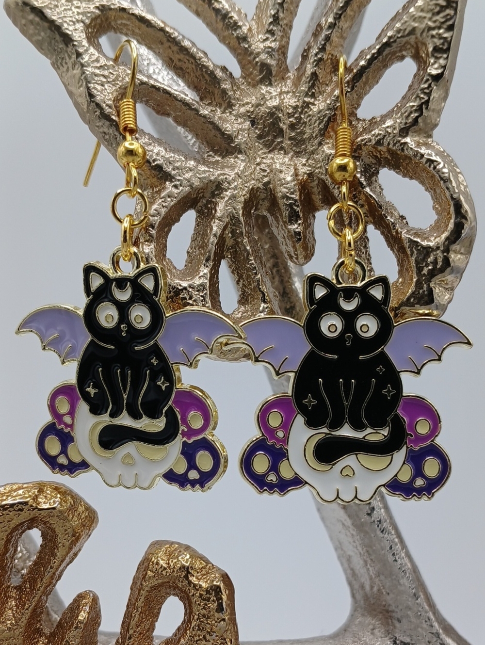 Unknown Brand Black Bat-Cat Enamel Dangle Earrings - Purple Accents